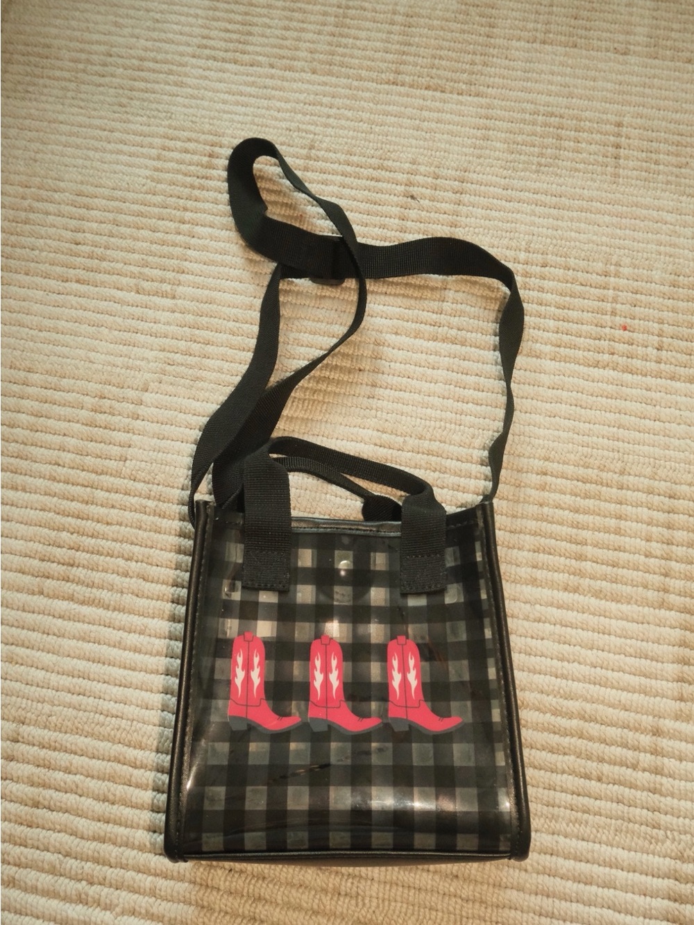 Black Check Vinyl Crossbody Tote with Red Cowboy Boot Motif - Unbranded